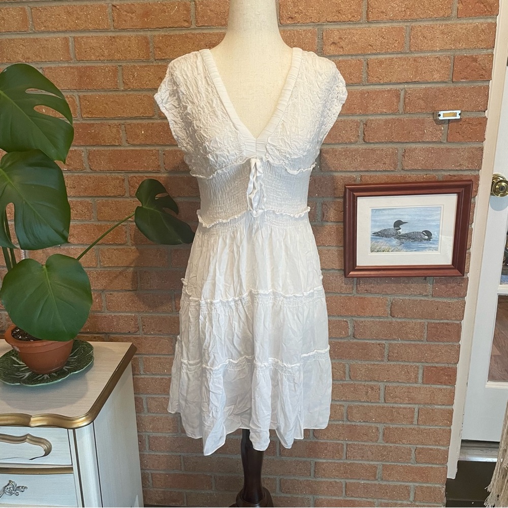 White Tiered Peasant Mini Dress Size Small